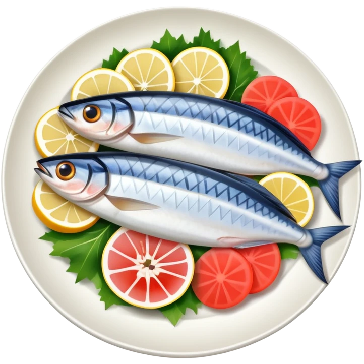 mackerel sashimi with slices of raw fish on a plate with garnish emoji