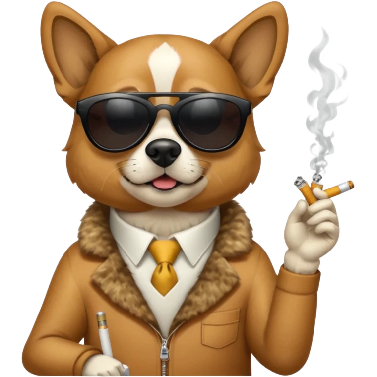 A dog with sunglasses is smoking a cigarette, dollars are flying at him. emoji