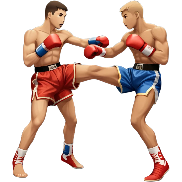 An icon symbolizing kickboxing, featuring two fighters in the ring. One throws a powerful high kick, while the other counters with a punch. The background shows a boxing ring with ropes and a crowd in the distance. Transparent background emphasizes the dynamic energy emoji