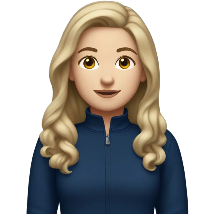 a white girl with dark blonde hair wearing a navy blue 3/4 zip sweatshirt emoji
