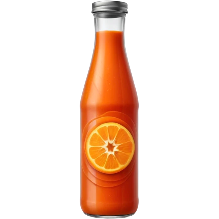tall clear bottle filled with vibrant red-orange soup, slightly textured and opaque, soft ripples visible through the glass, chilled vegetable blend, capped with metal lid, no label or garnish, sealed bottle, apple emoji style, soft lighting, subtle shadows, transparent background, emoji scale emoji