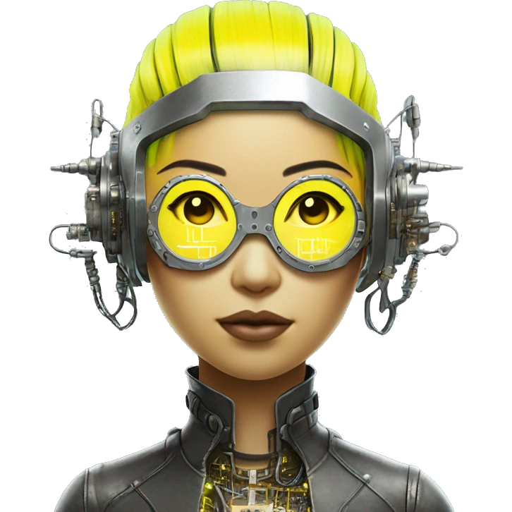 Neon yellow bobbed hair Asian female cyborg head with silver steampunk goggles and circuits emoji