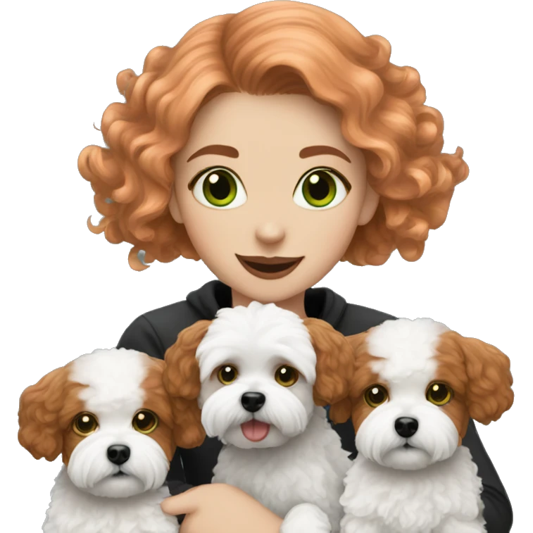 red haired girl with green eyes with her black and white Maltipoo dogs emoji
