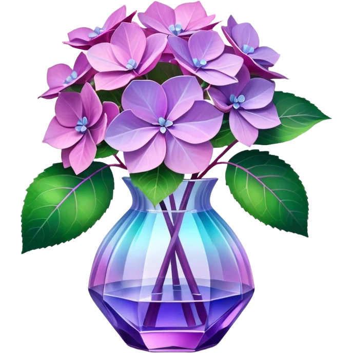 Hyperrealistic, 3D rendering, still life, smooth, clean thin lines, 8k, vivid purple and pink, very full lush Hydrangeas with detailed leaves. A soft iridescent pastel hue, crystal translucent glass vase, with satin and sparkly silk 3D bow emoji