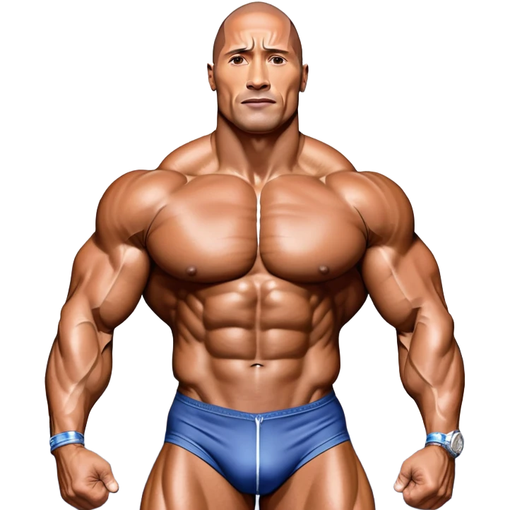 Dwayne Johnson, oiled and posing at the Mr. Universe bodybuilding championship, showcasing his muscular physique in an iconic display of strength. The background features the stage with judges and audience, capturing the intensity and prestige of the competition. Transparent background. emoji