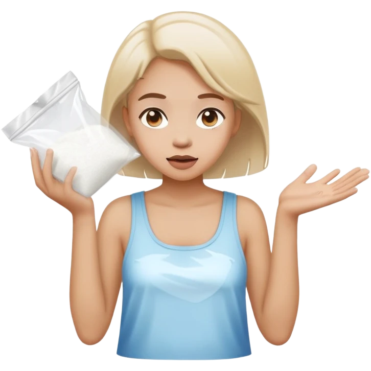 Girl shrugging holding a clear plastic bag with white powder emoji