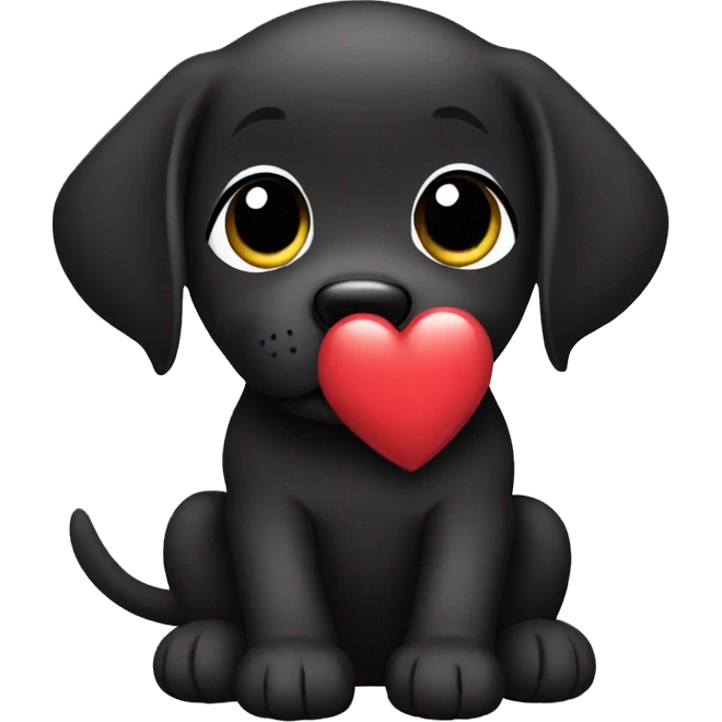 sitting black labrador puppy is holding a heart emoji