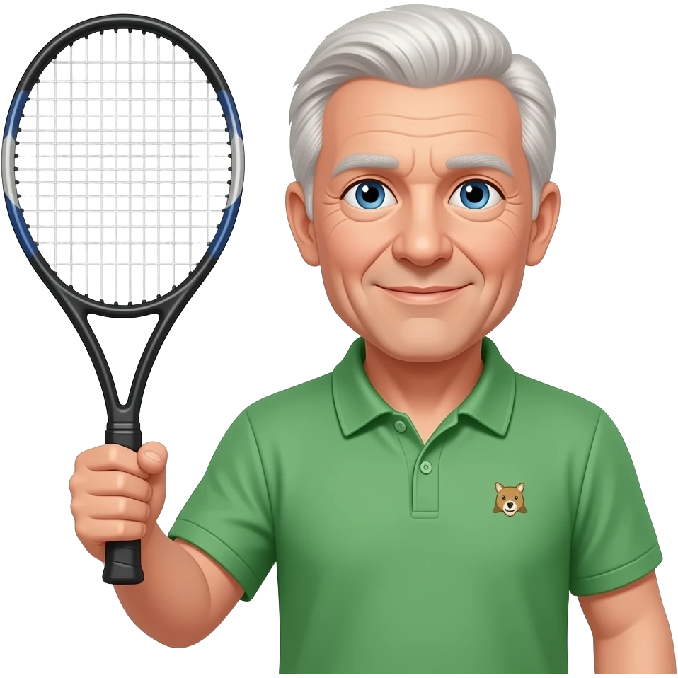 older man, no dupples in face, tennis racket in right hand, green bottle polo with small animal logo, blue eyes, lite hair all over emoji