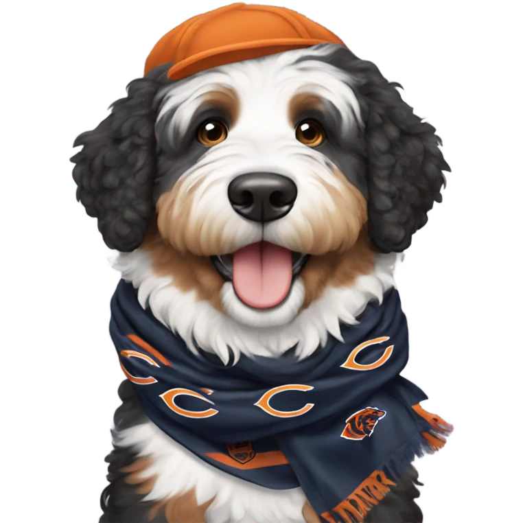 Bernedoodle with chicago bears hat and scarf emoji