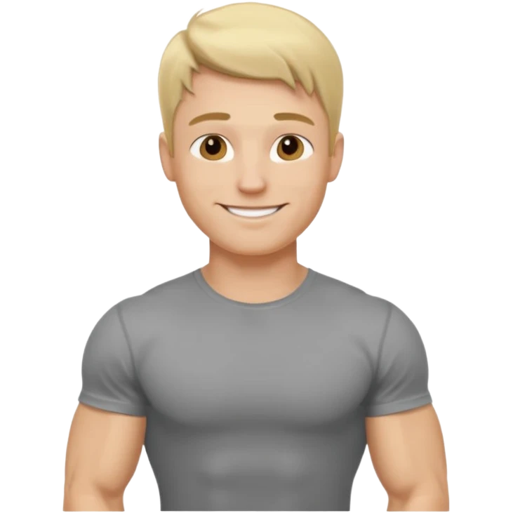 fais le meme blond, tee shirt gris mais musclé et fin qui sourie et ça s'arrête à la taille emoji