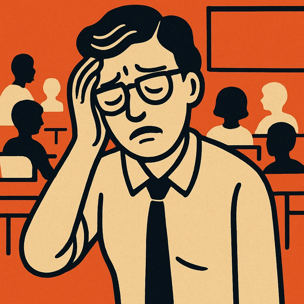 exhausted teacher in a bustling classroom emoji