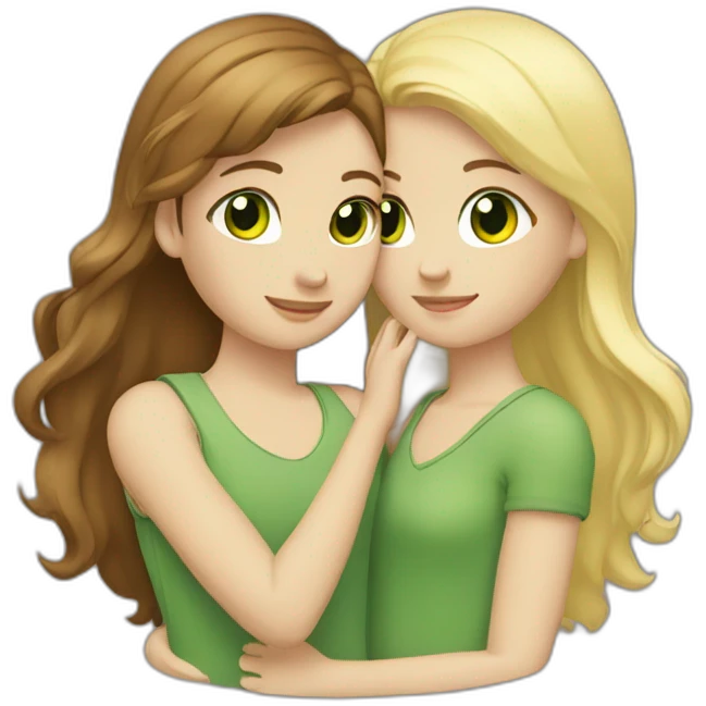 Two girls hugging: one has brown hair and brown eyes, and the other is blonde with green eyes. emoji