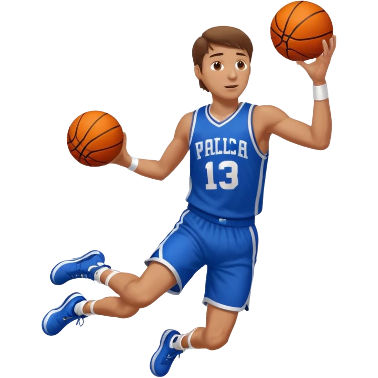 A white man with brown hair with a basketball, doing a layup emoji