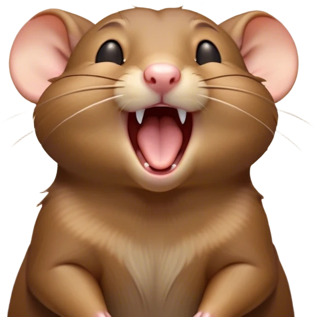 Cinematic Cute Yawning Brown Rat Portrait Emoji, Head tilted slightly with a dramatic, wide-open yawn, showcasing a soft, sleek brown coat with tiny drooping ears and half-closed eyes in drowsy contentment, Simplified yet irresistibly adorable features, highly detailed, glowing with a soft, cozy glow, high shine, relaxed yet expressive, stylized with a dash of urban charm, soft glowing outline, capturing the essence of a sleepy yet affectionate rat that seems ready to stretch out for a nap! emoji