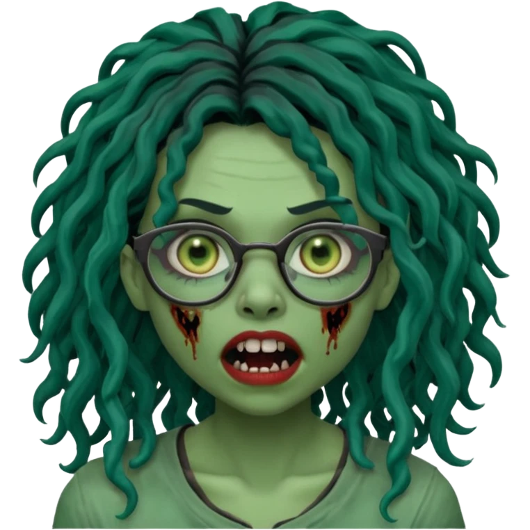 One female green-skinned, zombie super pretty with glasses, with ombre black roots & dark teal long locks and a side bang of her locs that fall over the right eye and a sinister expression with the mouth open, teeth showing, and the jaw uneven. with a small wound near its mouth. Make her locks curly emoji