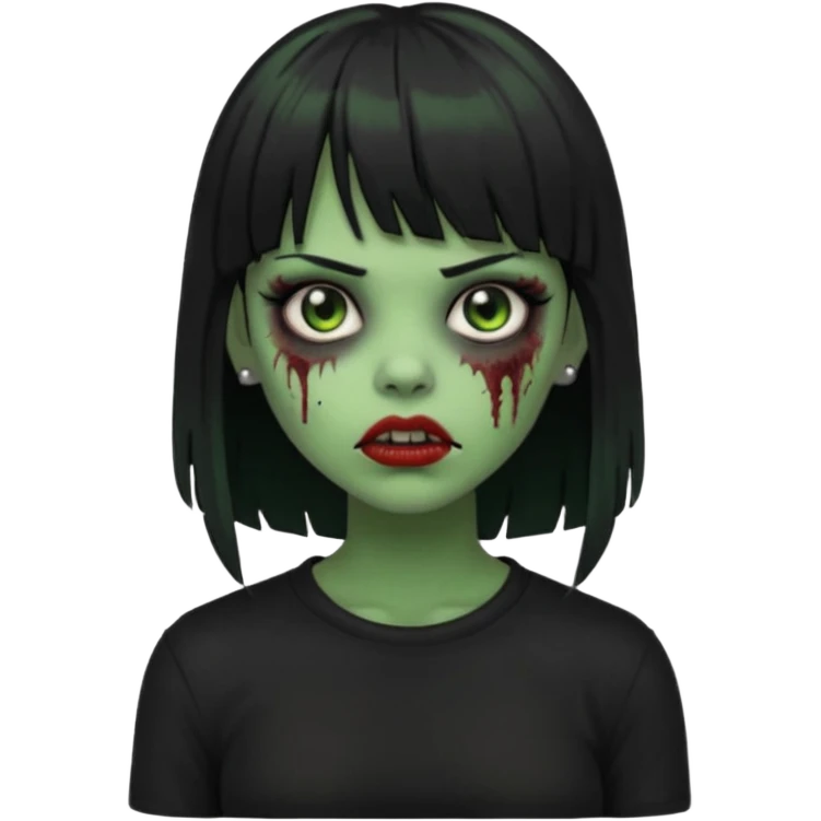 garota zumbi(cor de pele verde), com cabelos pretos e franja, roupa preta e com piercing na boca  emoji
