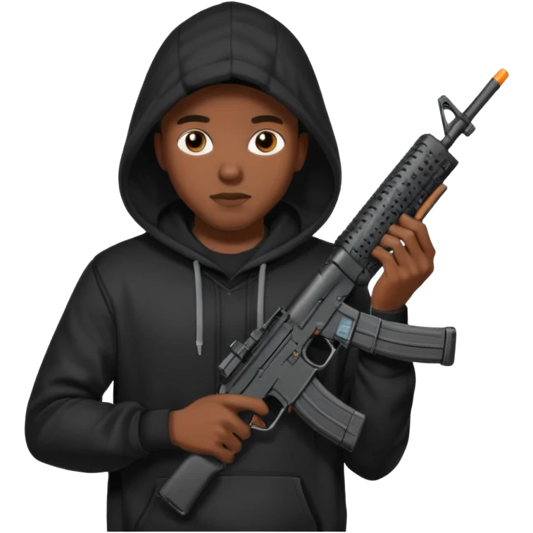 
Fais moi un jeune afro américain qui ressemble a un gangster qui tient une AR15 avec un hoodie a capuche, capuché emoji