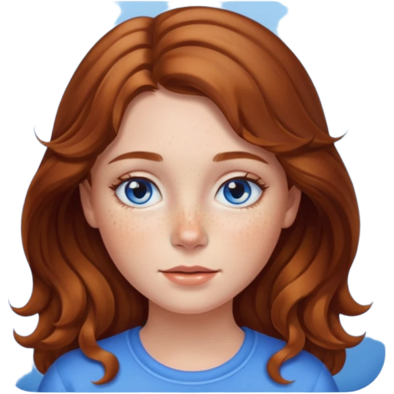 girl with warm brown slightly wavy hair, blue eyes, lots of freckles, apple emoji style emoji