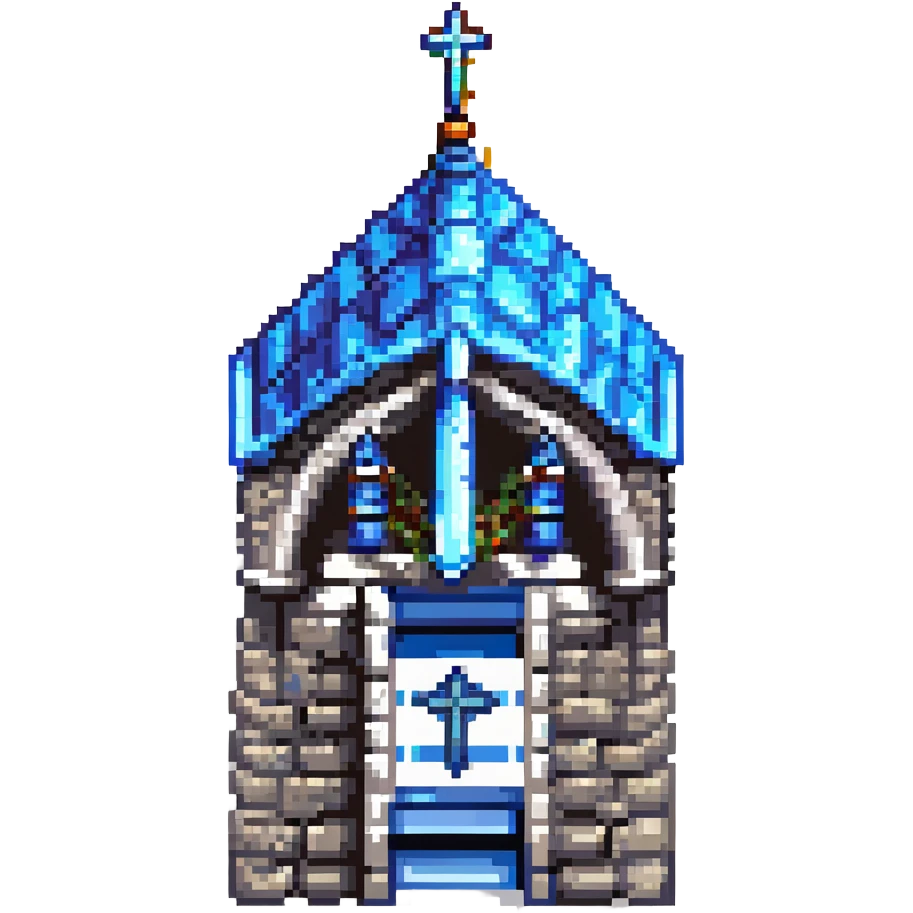medieval temple, pixel art style, stone temple with stained glass, blue and gray details emoji