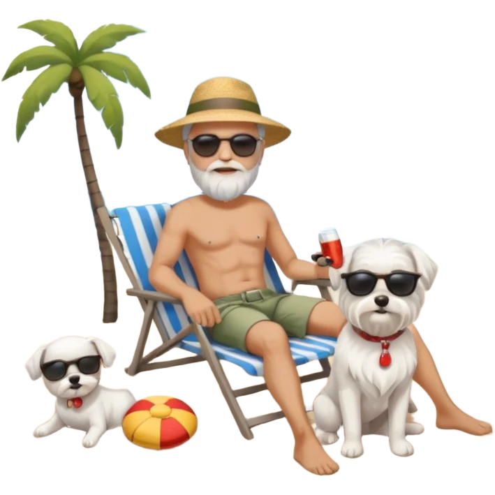 white man grey hair beard holding a white Maltese relaxing on a beach full body emoji