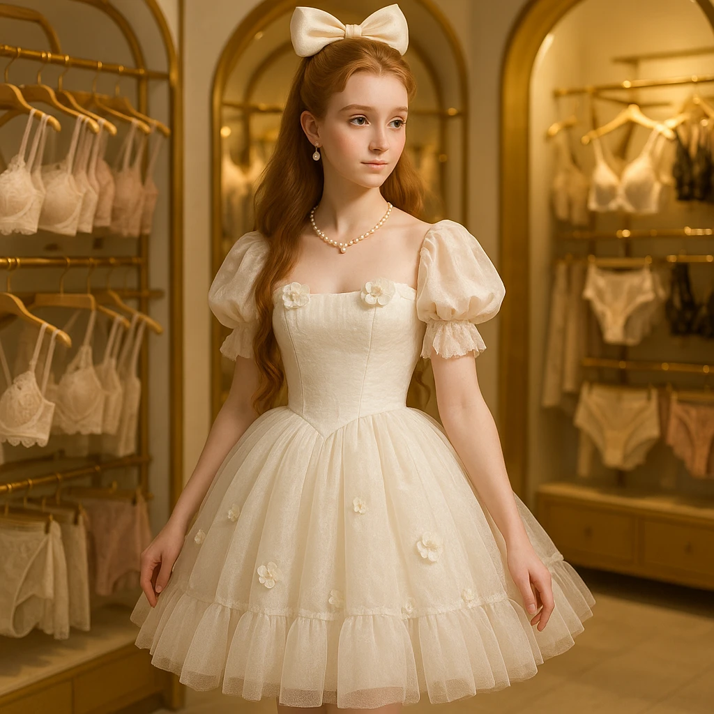 A sweet, fair-skinned princess with long hair, high forehead, princess hairstyle with bow, half-draped, in a white puffy tulle Lolita dress with puff sleeves, tube top, multi-layer tulle skirt, flower decorations, pearl jewelry, white lace-up high heels, standing in a store with elegant lingerie, golden arches, soft lighting, 8k, high definition, full body, long shot, 1:1 ratio, unique angle. emoji