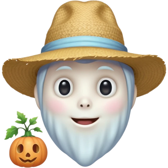 cute ghost farmer portrait, head and shoulders only, straw hat, round friendly face, soft pastel glow, harmless spirit vibe, 3D cartoon, mobile game icon style, clean background, no text, no watermark
 
 emoji