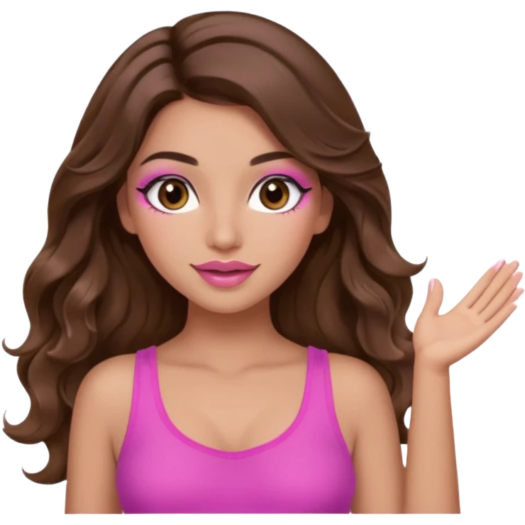 girl with long wavy brown hair, brown eyes, long lashes makeup, sexy pink lips, light to medium complexion, wearing a pink sexy top, both hands in teh air emoji