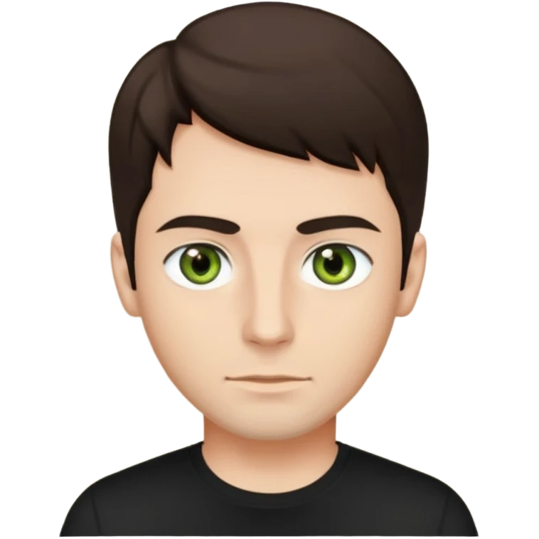A man with olive green eyes, dark brown hair, fair skin tone, wearing a black shirt  emoji