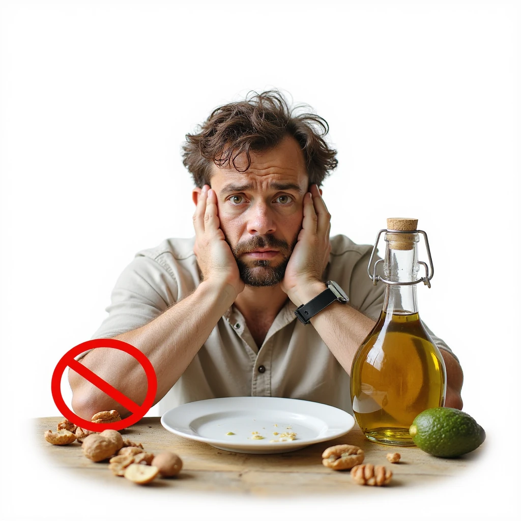 realistic man with dull hair and dry skin sitting at table with empty plate and bottle of olive oil, nuts, and avocado crossed out by a prohibition sign, worried expression, Italian caption: 'Mancanza di grassi buoni: salute ed estetica a rischio', isolated on white background emoji