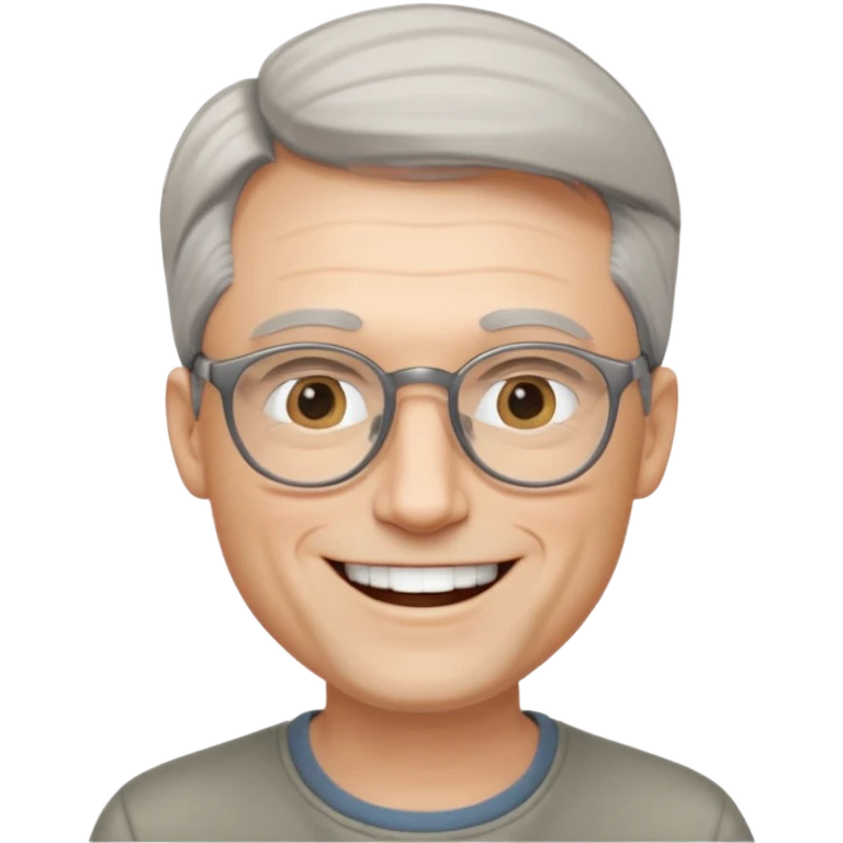 40 yr old pale white man, grey side swept hair, round glasses, big smile, white teeth, handsome, longer hair, thin glasses, no wrinkles emoji