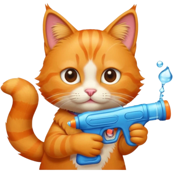 orange tabby cat, mischievous, holding a water gun, emoji style emoji