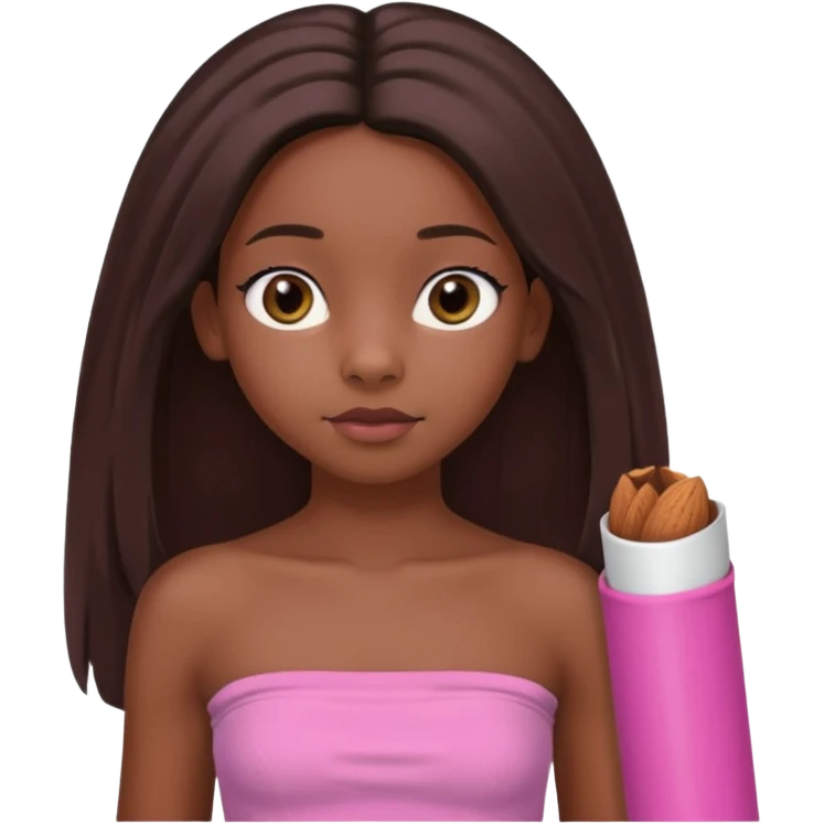 A black 12 yr old girl brushing her shoulder length hair, doe eyes, almond eyes pink tube top and black hair like the 3rd. The first one but hair straight and long and close to body emoji