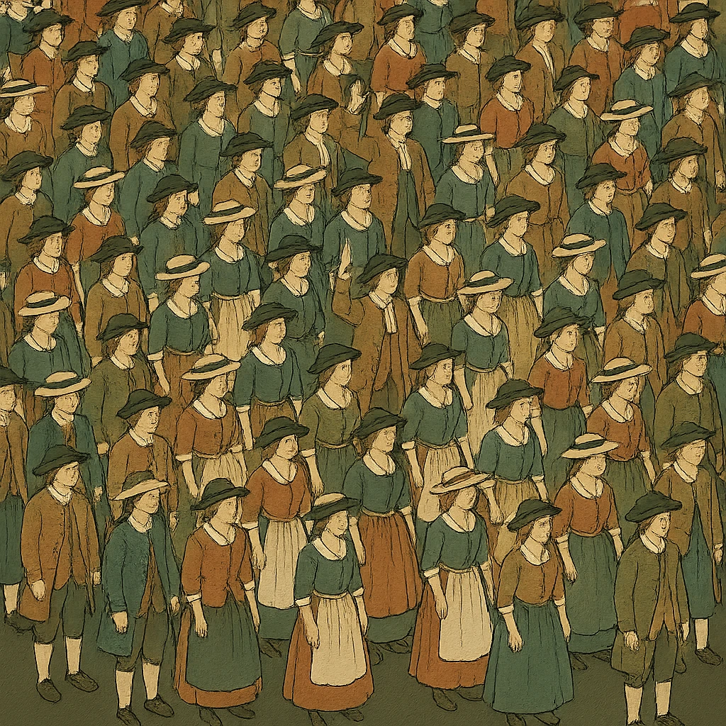 Make the 18th century crowd much larger, isometric view, no background, in the style of gpt-image-1. emoji