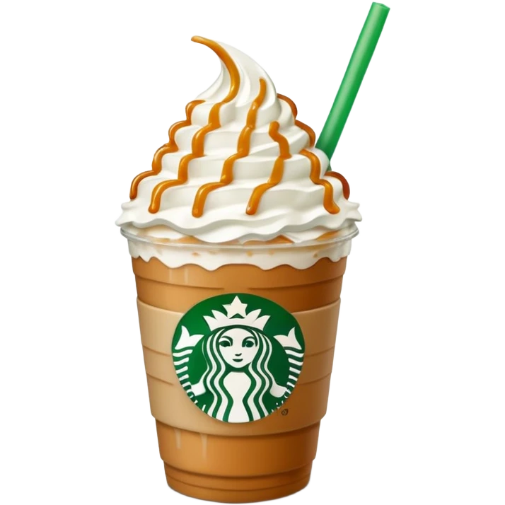A 3D cartoon Starbucks Frappuccino cup with whipped cream and caramel drizzle, frosty texture, green straw, transparent cup with logo, soft cool lighting, Memoji-style. emoji