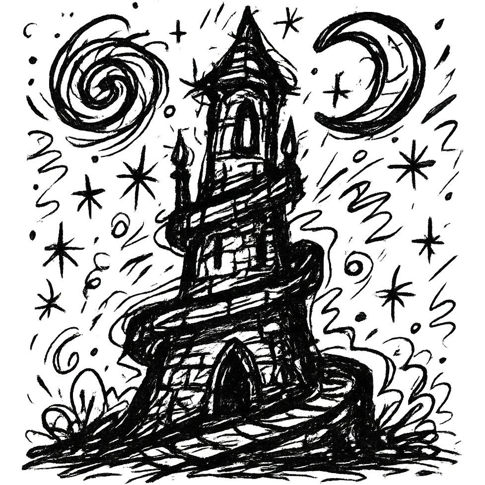 gothic mystical stone tower with spiraling form, large base and citadel, encircled by spiral ramps, reaching nebula night sky, illuminated by blue torches and moonlight, symbolizing spiritual animistic realm, emoji icon emoji