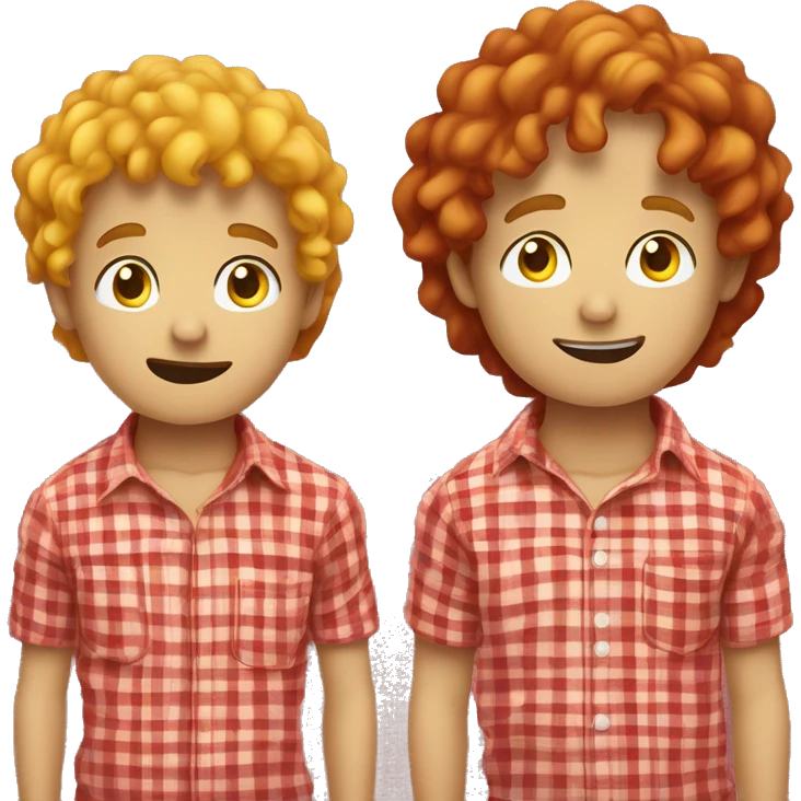 one boy in a yellow-red checkered shirt red t-shirt yellow slightly curly hair right pupil looking to the right and left pupil looking to the left, a bit stupid emoji