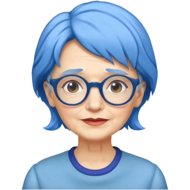 old lady with blue hair, wearing glasses, slight curl emoji
