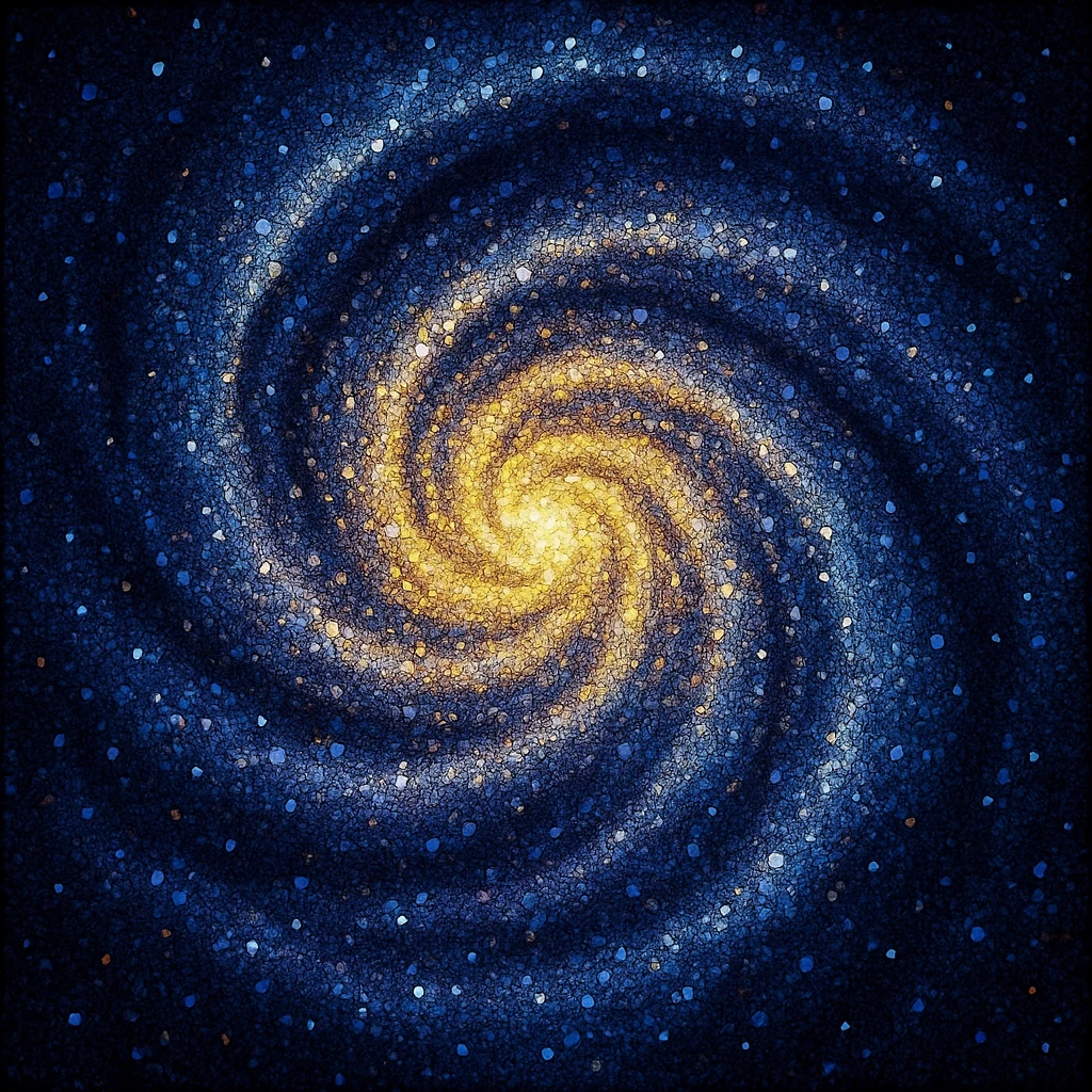 An abstract swirling galaxy pattern formed by thousands of dots ranging from deep blues and purples to bright yellows and whites emoji