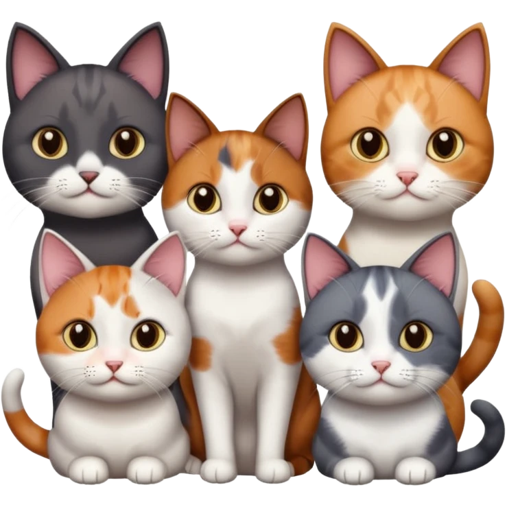 5 different coloured short haired cats including; a dark brown and white cat, and a dark grey and white, and a calico emoji