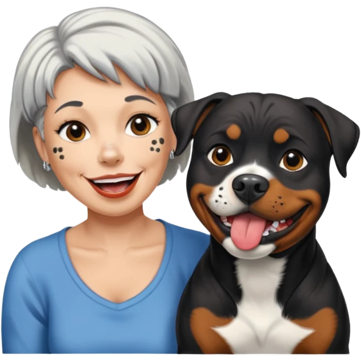 Pitt bull rottweiler white muzzle with black spots tongue out next to older woman with short silver hair emoji