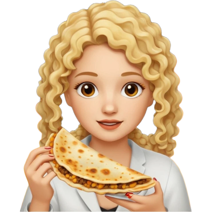 mujer con pelo rubio rizado comiendo quesadillas quemadas. emoji