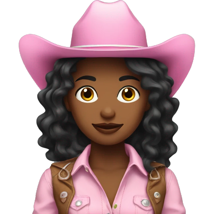 white cowgirl with black wavy hair wearing a pink cowgirl hat emoji