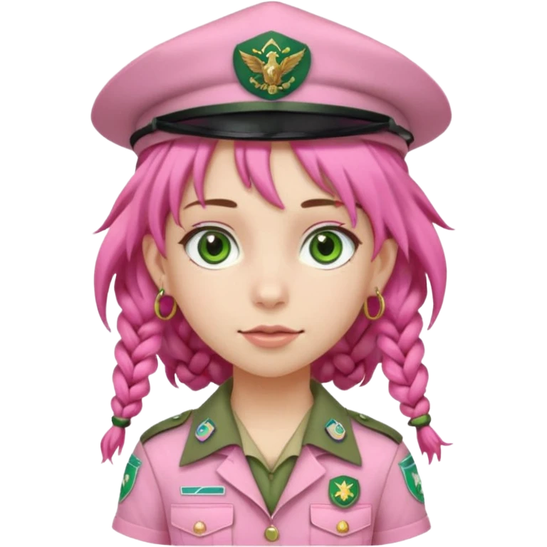 very pretty girl big green eyes, scout girl with pretty pink uniform, pink dreadlocks, and big earrings and scouts hat emoji