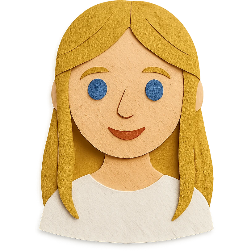 girl with long dirty blond hair, blue eyes, wearing a white top in paper craft style emoji