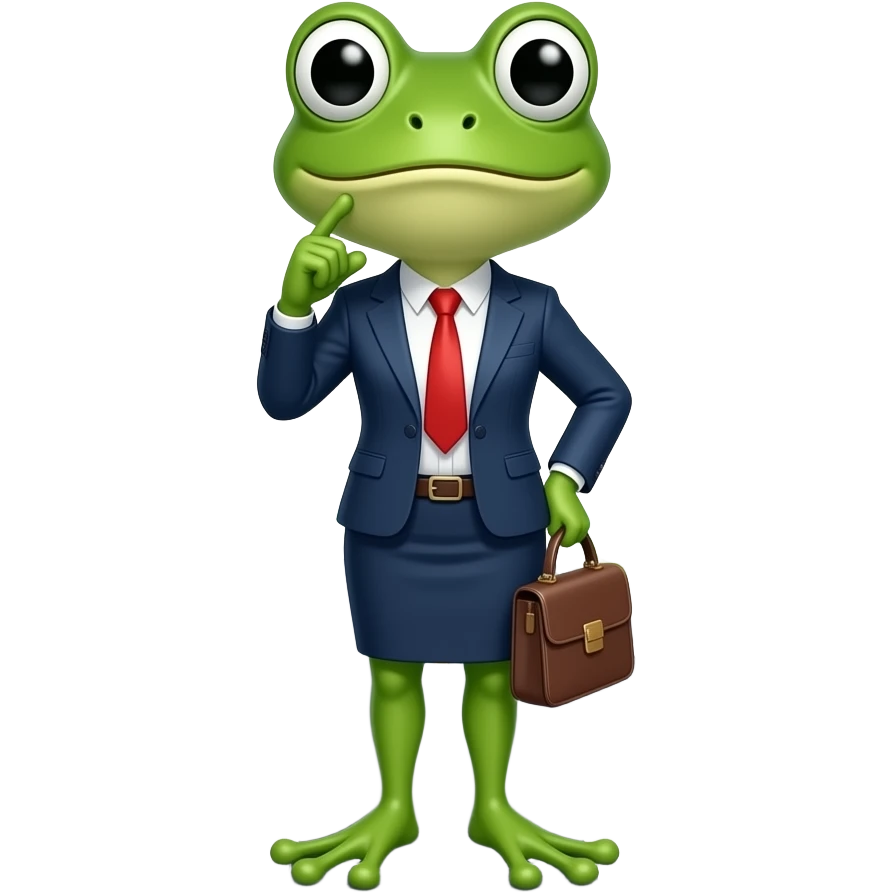 A female frog, office worker, who is going to a meeting and stands in front of a road, thinking about how to cross it. Comical. emoji