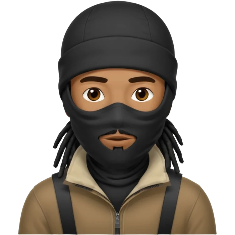 African American man with shoulder length black dreadlocks with black beard wearing a ski mask covering face emoji