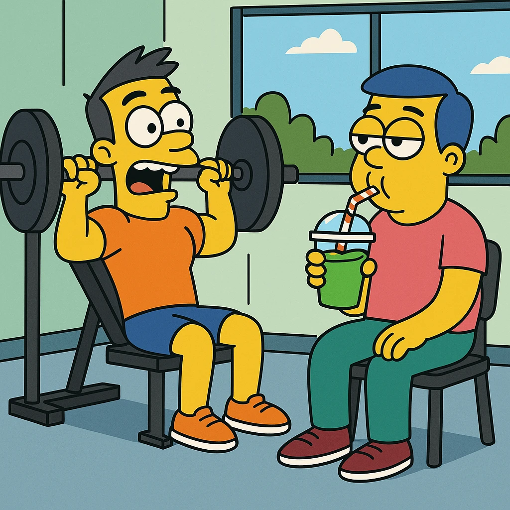 Jake is all about pushing limits (he always tries to do more), while (in contrast) Tom… well, he’s more into sipping smoothies (he likes slowly drinking smoothies). 2 guys at gym emoji
