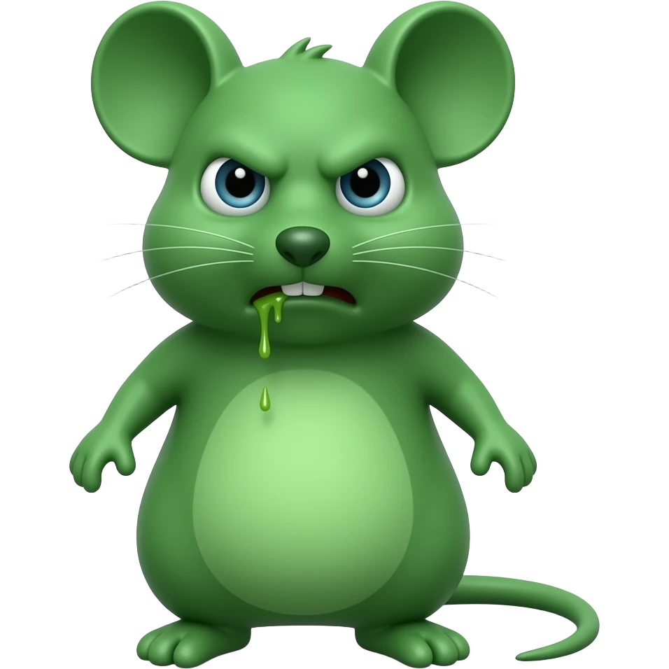 A small green mouse standing upright, with human-like arms and legs, staring at us with a look of utter disgust, with vomit on its mouth. The mouse’s body is entirely green. emoji