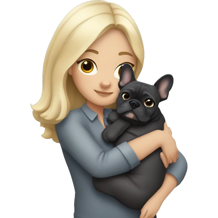 Blonde woman with dark hair hugging dark gray french bulldog emoji