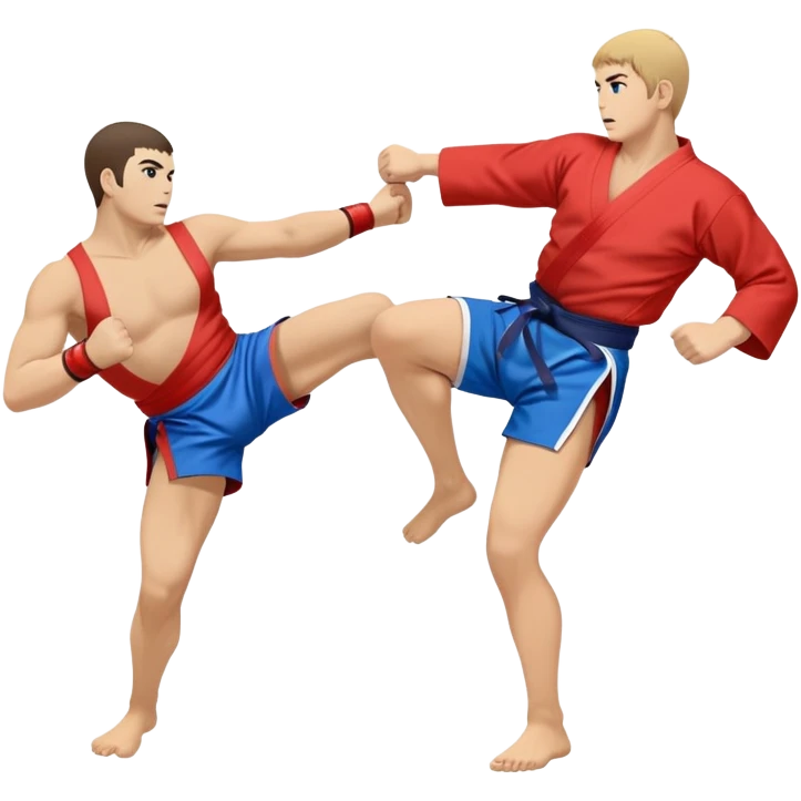 An icon symbolizing Sambo, featuring two fighters in blue and red kimonos with shorts and wrestling shoes. One executes a powerful throw, while the other attempts a defensive grab. The fighters are engaged in a grapple, using joint locks and sweeps.  emoji